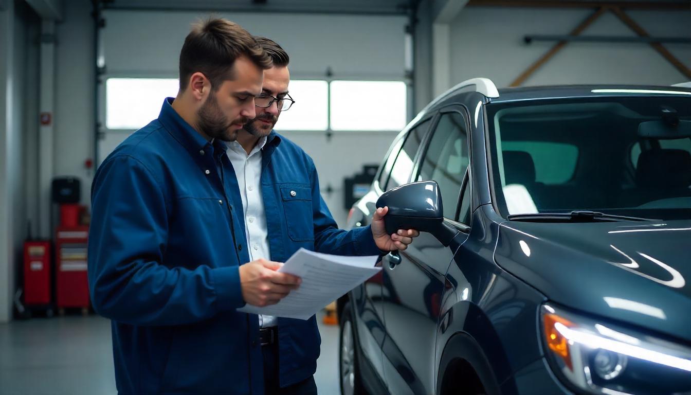 Käufer und Kfz-Mechaniker prüfen gemeinsam ein Auto mit Checkliste und Diagnosegerät